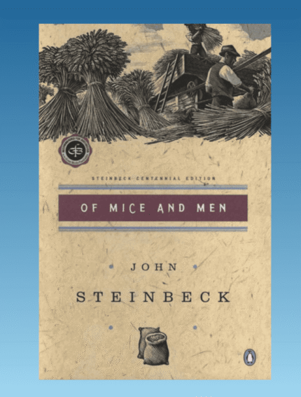 Paperback book cover of John Steinbeck's classic novel "Of Mice and Men" featuring rural farm scene and vintage design.