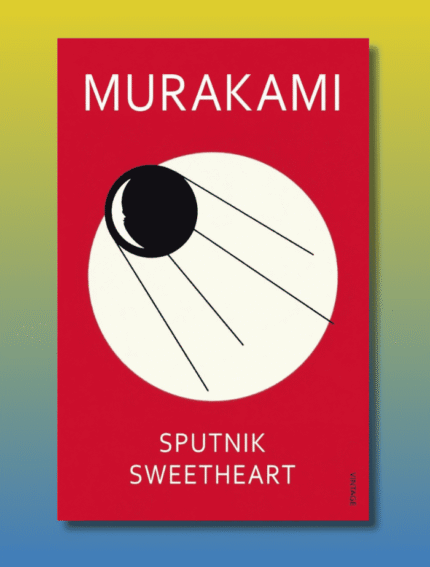 A black and white illustration of a moon on a white circle and lines radiating outward on a red background.