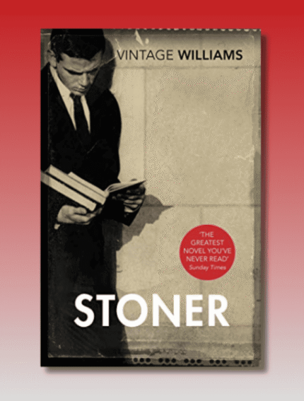 Vintage Williams book cover with black and white photo of a man reading, titled "Stoner".
